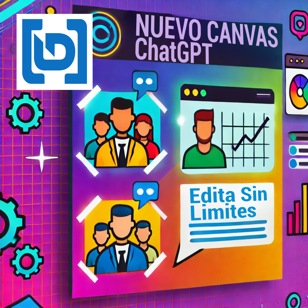 Una imagen colorida y tecnológica sobre la nueva actualización de ChatGPT Canvas. Incluye elementos visuales como pantallas digitales, íconos de colaboración y productividad, y texto que anuncia: "¡Nueva Actualización de ChatGPT Canvas!" en una fuente moderna.