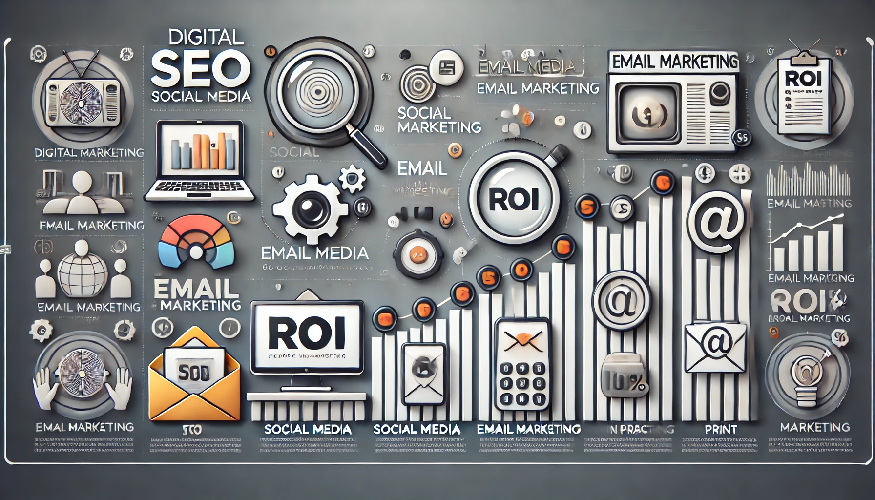 Infografía horizontal comparando canales de marketing digital (SEO, redes sociales, email marketing) con canales tradicionales (TV, radio, prensa), destacando métricas clave como ROI y alcance de la audiencia.